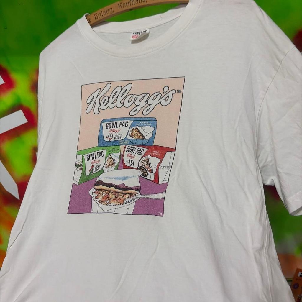 Kelloggs BOWL PAC Retro Serial White T Shirt L Vintage Cotton Graphic Tee