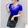 New Summer Short Sleeved V-Neck Women's T-Shirt Fashion Sexy Hollow Out Hot Diamonds Tops High Strecth Mesh Slim Tees