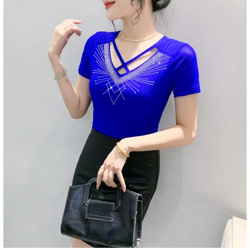 New Summer Short Sleeved V-Neck Women's T-Shirt Fashion Sexy Hollow Out Hot Diamonds Tops High Strecth Mesh Slim Tees