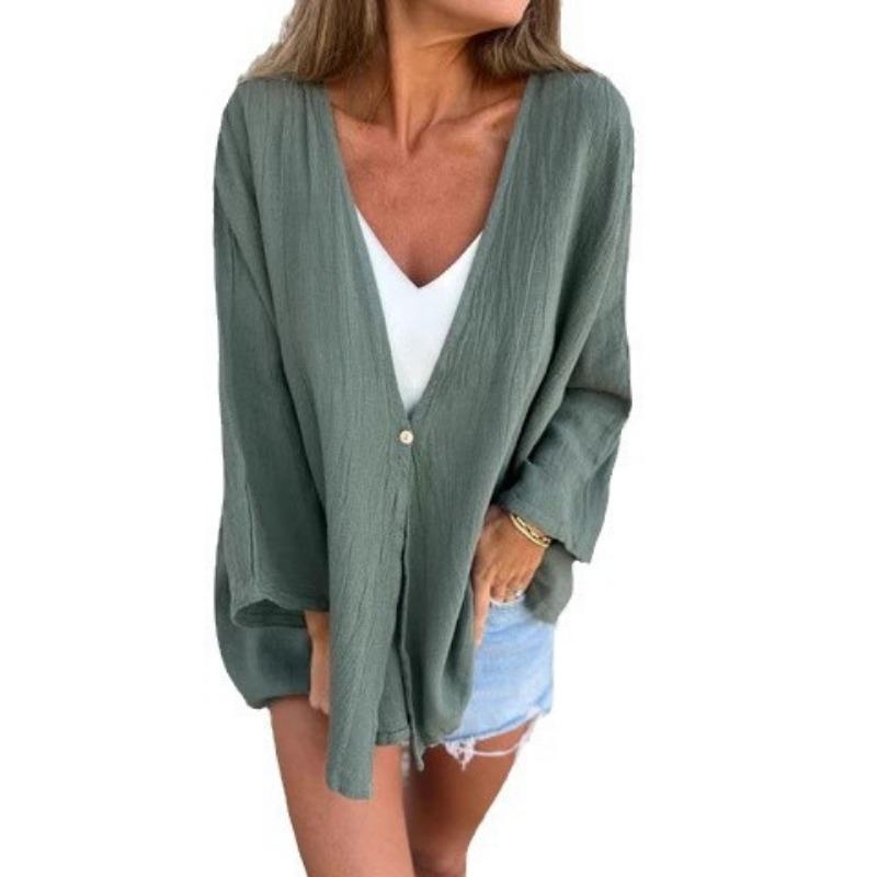 Women's Solid Colour V-Neck Fashion Loose Mid-Length Sleeve Cardigan Top