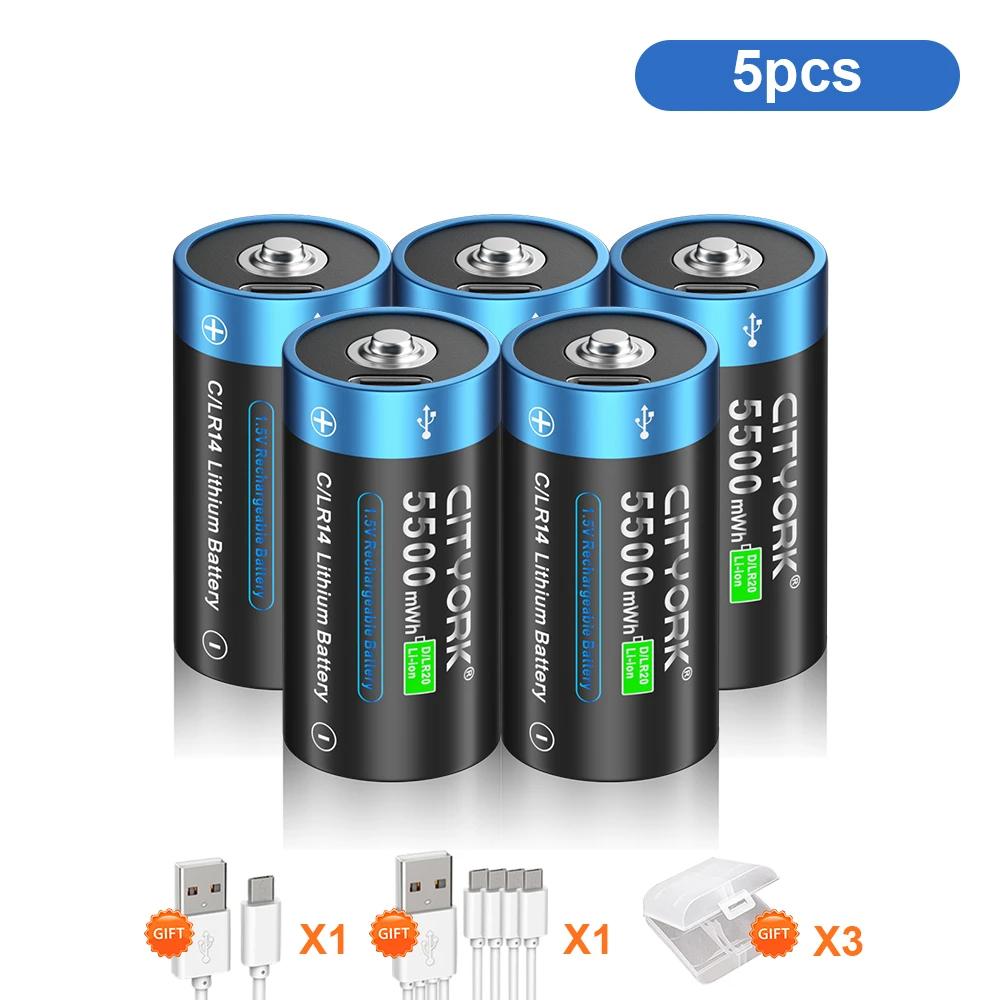 Cityork Перезаряжаемая батарея размера 1,5 VC, тип C, зарядка через USB, литий-ионная батарея R14 LR14 C для фонарика, газовой плиты