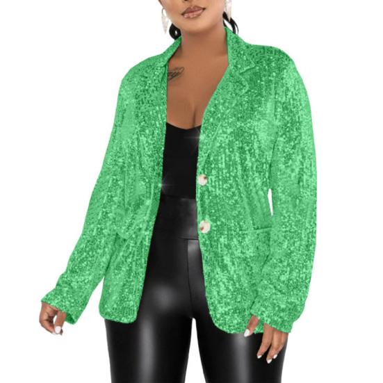 Женский пиджак с лацканами, длинный рукав, однобортный пиджак с карманами-клапанами, блестящие пайетки, свободная верхняя одежда