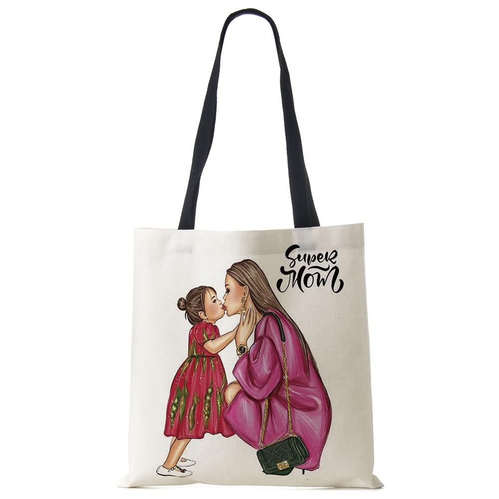 Милый мультфильм супер мама принт льняная большая сумка многоразовые сумки на плечо мама и ребенок складные женские повседневные сумки женские тканевые сумки