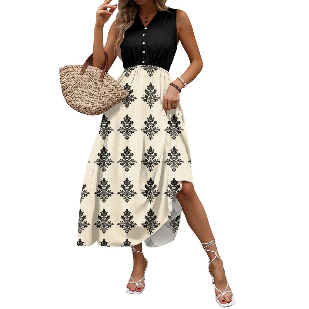 Women's Casual And Fashionable V-neck Sleeveless Printing Mid Length Dress