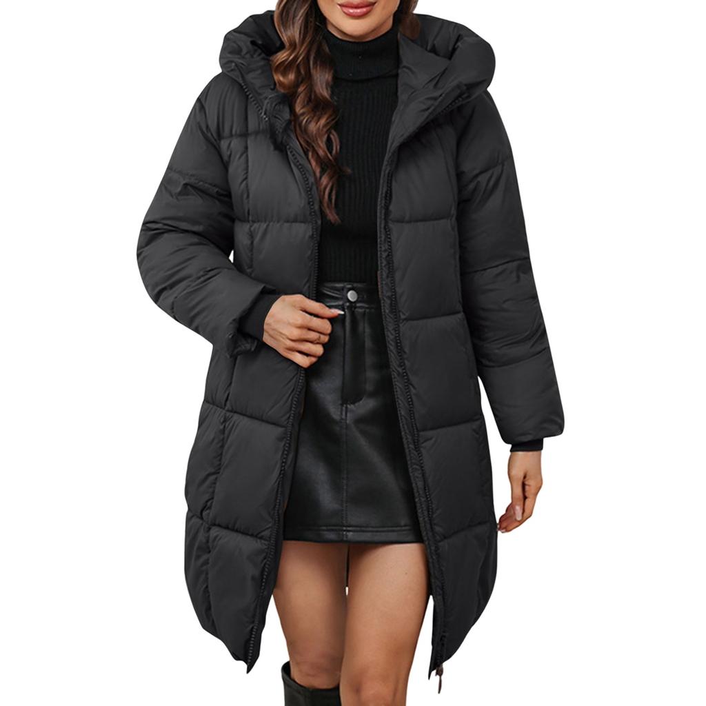 Women's Solid Color Hooded Medium Long Thick Waist Padded Coat