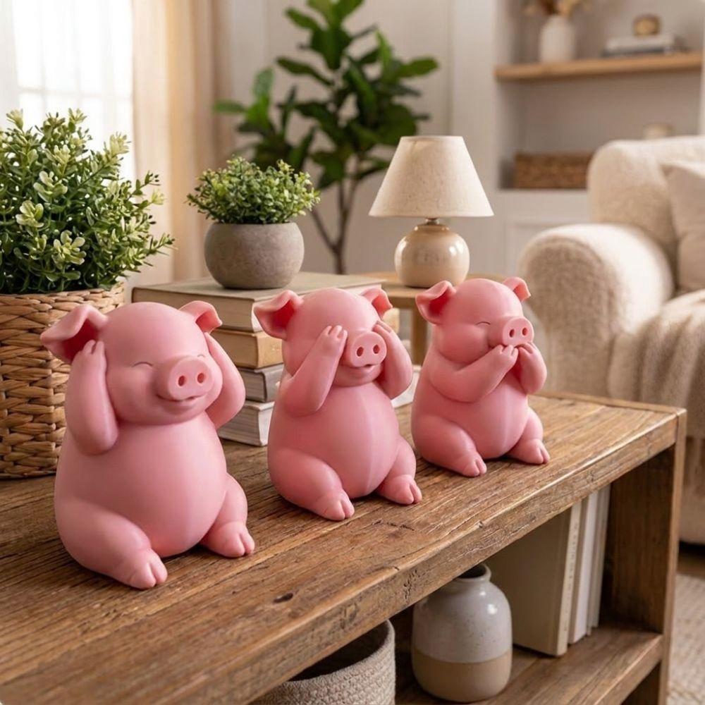 3PCS 3D Printing Pink Pig Figurine Cartoon Piggy Figurine Funny Pig Statue Bedroom Decor