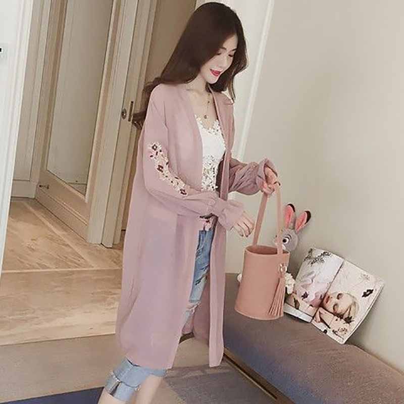 Summer Women's Cardigan Long Sleeved Sunscreen Chiffon Shirt Medium Long Anti Ultraviolet Embroidered Shawl Ultrathin Coat
