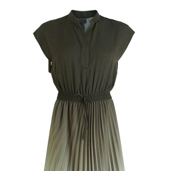 Stand Collar V-neck Flying Sleeve Elastic Waist Drawstring Summer Dress Gradient Color Pleated