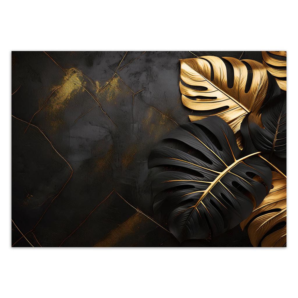 Wallpaper Gold and Black Monstera Leaves On Abstract Background