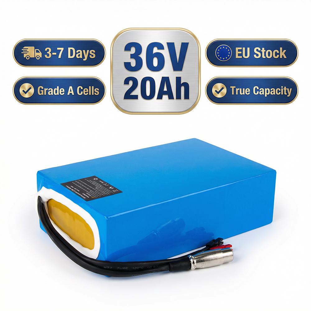 German Stock 36V 20Ah Blue Rectangular Lithium Battery with 2600mAh 10s8p China Cells, 20A BMS & 3A Big Warhead Plug