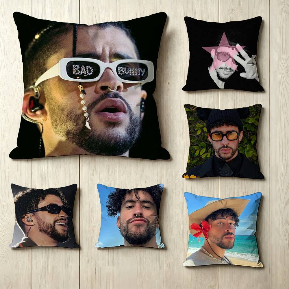 Fulltime Latin rapper BBad BBunny Pillow Case Square DoubleSided Sofa Cushion Cover Bedroom Bedside Pillow