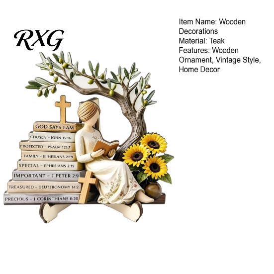 Minimalist Shelf Decor Sculpture Wooden Reading Girl Figurine, Stable Pastoral Style Statue Desktop Base Craft Decor, Artistic Healing Ornament,