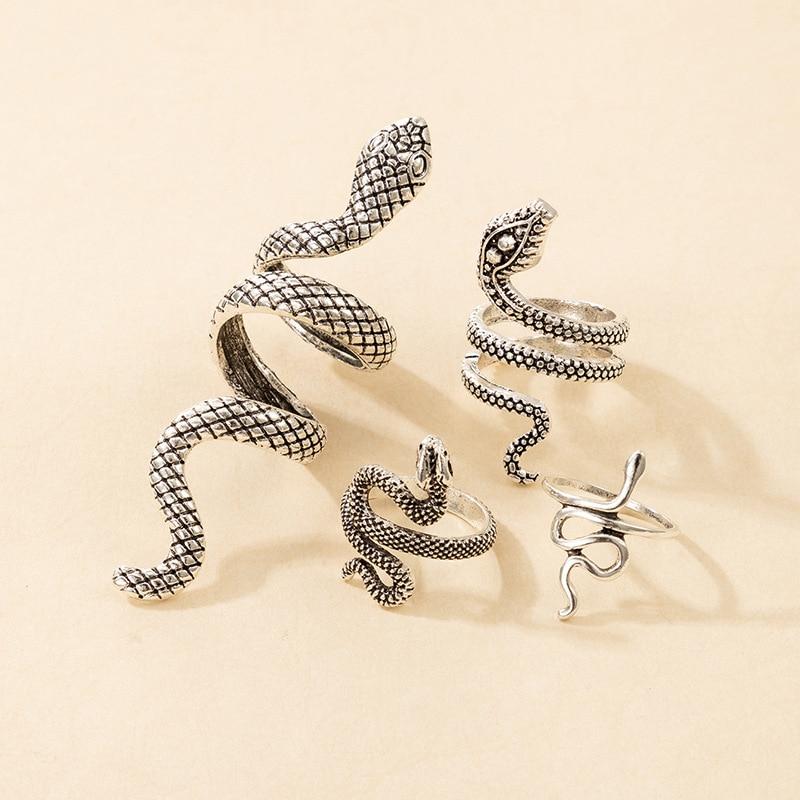 4pcs /Set Vintage Snake Shape Rings For Women Men Gothic Silver Color Animal Exaggerated Metal Alloy Finger Ring Sets Jewelry