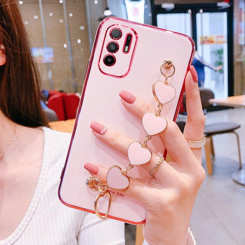Luxury Love Heart Wrist Chain Phone Case For Xiaomi Redmi Note 10 10S 5G 10T 9 9S 9T 8 8T 7 Pro 9A 9C 8A 7A Plating Bumper Cover