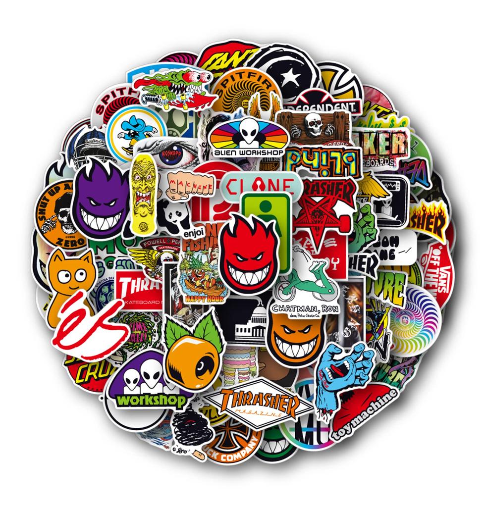 Set of 100 Skateboard Brand for Water Smartphone Stickers, Waterproof, Decals, Stylish, Cool, Popular, Laptops, Computers, Snowboarding, Luggage,