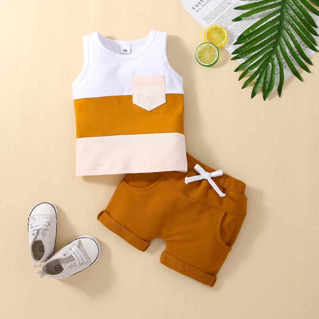 Baby Boys 2PCS Pants Suit, Sleeveless Patchwork Crew Tank Tees + White Straps Short Pants, Toddler Boys Casual Outfit