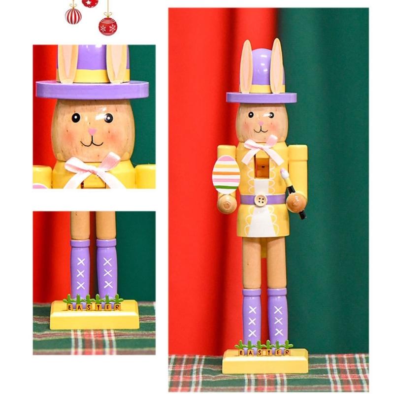 Artistic 12Inch Easters Rabbit Nutcrackers Wooden Figurine Ornament with Hat and Colorful Body for Holiday Decoration