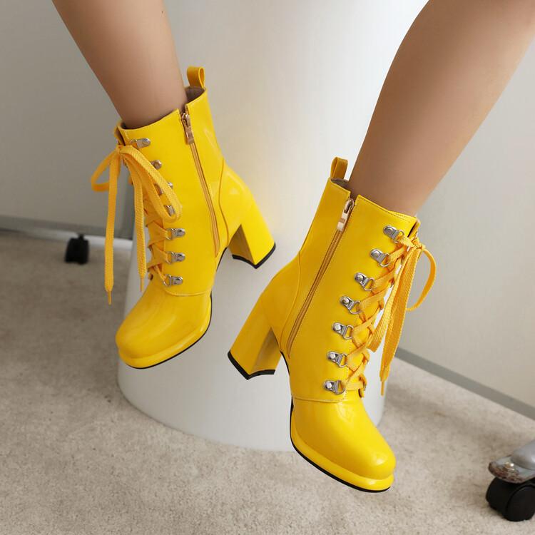 Ярко-желтые лакированные ботильоны для женщин на шнуровке, белые ботильоны на высоком каблуке, женские туфли большого размера 48