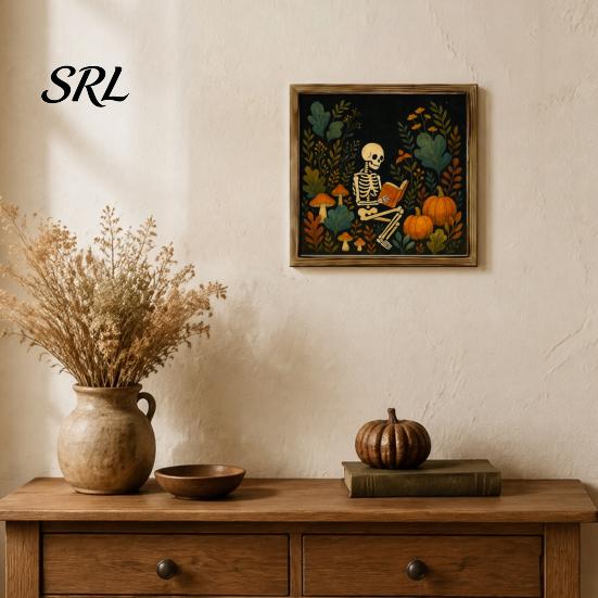 Indoor Outdoor Holiday Ornaments Halloween Ghost/Witch/Skeleton Decorative Painting, Wall Mount Square Wood Frame Rustic Witch Theme Home Decor