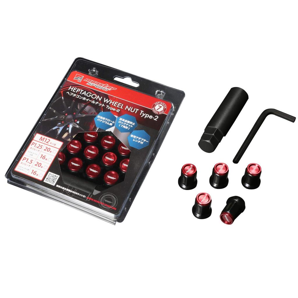 MONSTER SPORT Heptagon Wheel Nut M12 X Set of 16 Red Light Car Compact Car Suzuki Nissan Subaru Type-2 P1.25 684516-0020R