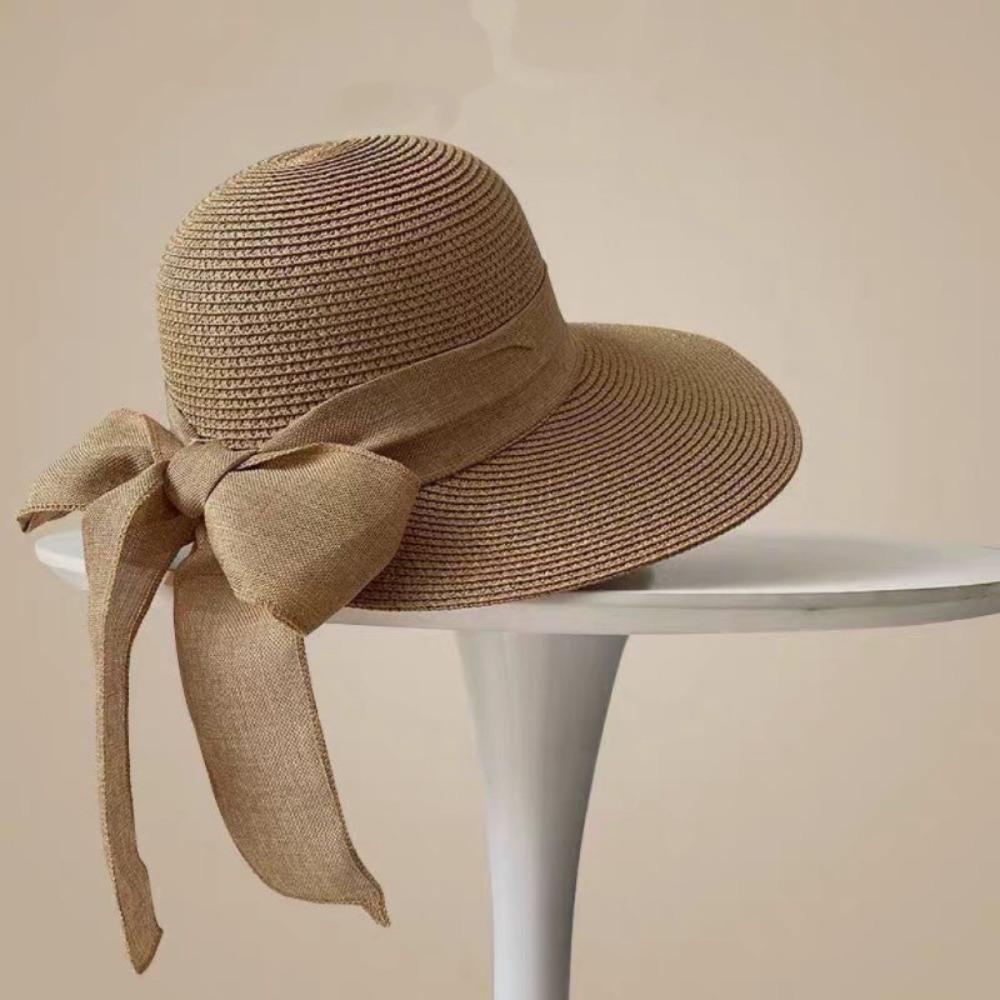 Hollow Out Straw Weaving Beach Hat Breathable Foldable Bucket Hat Bow Fisherman Cap Spring