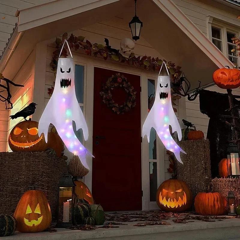 Halloween Ghost Windsocks Decorations with LED Light, Outdoor, Hanging Ghost Windsocks for Trees, Yard, Halloween Decor Supplies