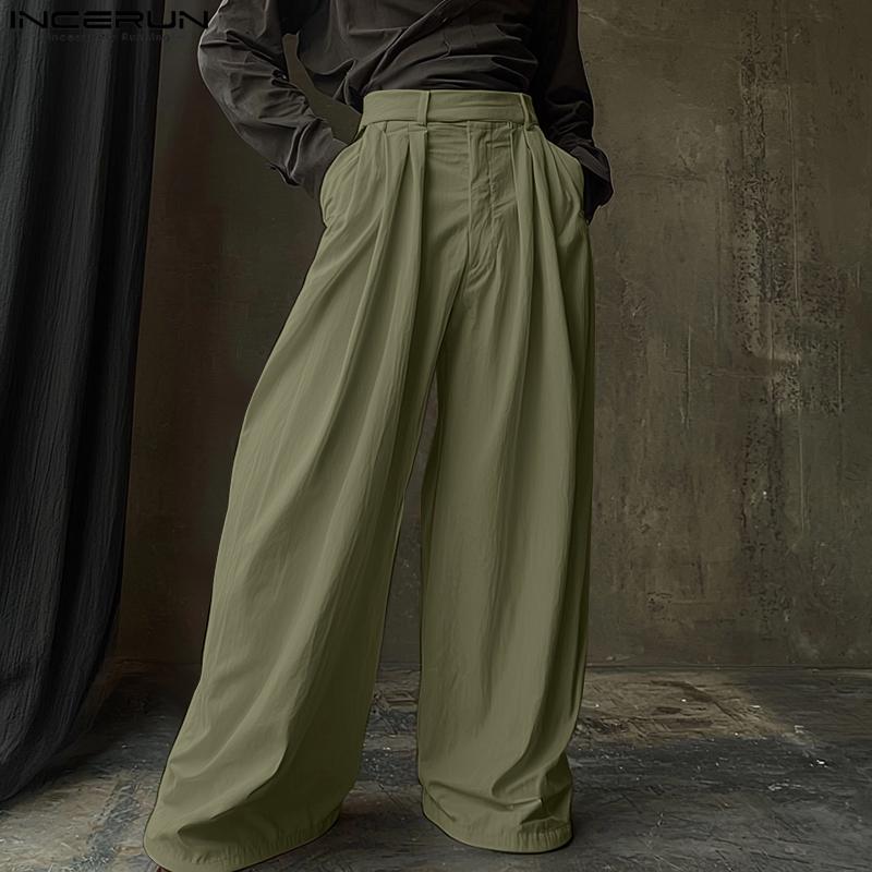 INCERUN Мужские повседневные брюки с высокой талией на молнии и длинными широкими штанинами