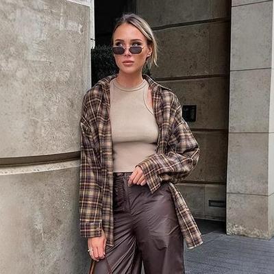 2024 Европейская Ретро Клетчатая Женская Длинная Свободная Рубашка