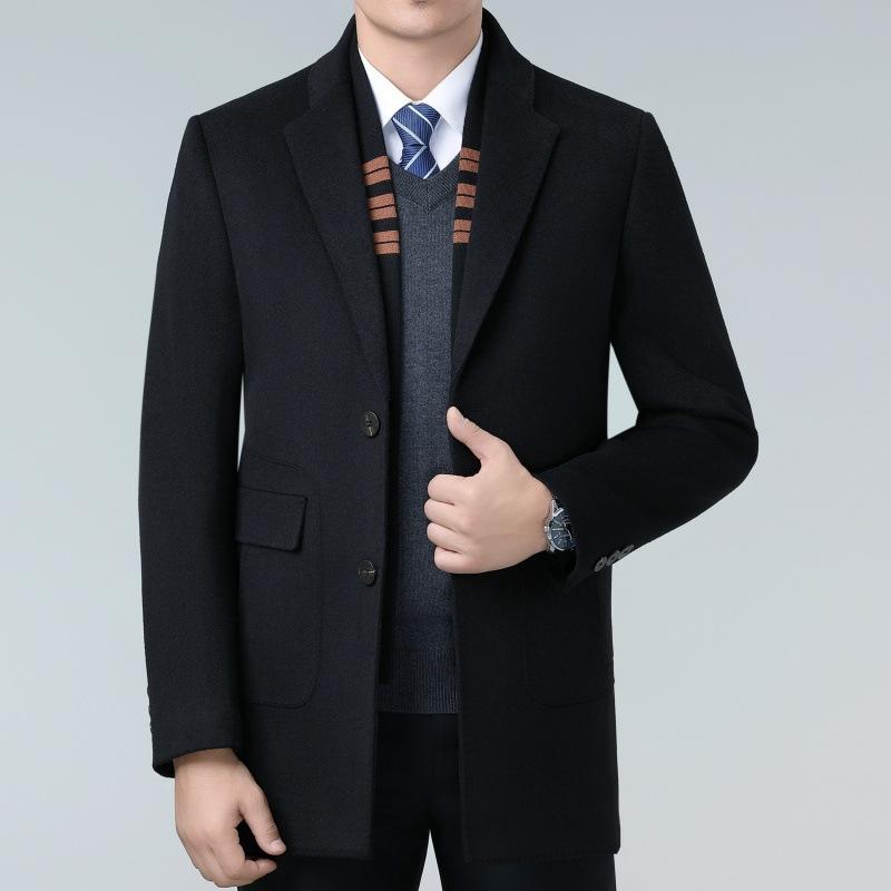 Двустороннее кашемировое пальто для мужчин, шерстяная ветровка средней длины из двух частей, утепленное пальто на пуху для папы среднего возраста