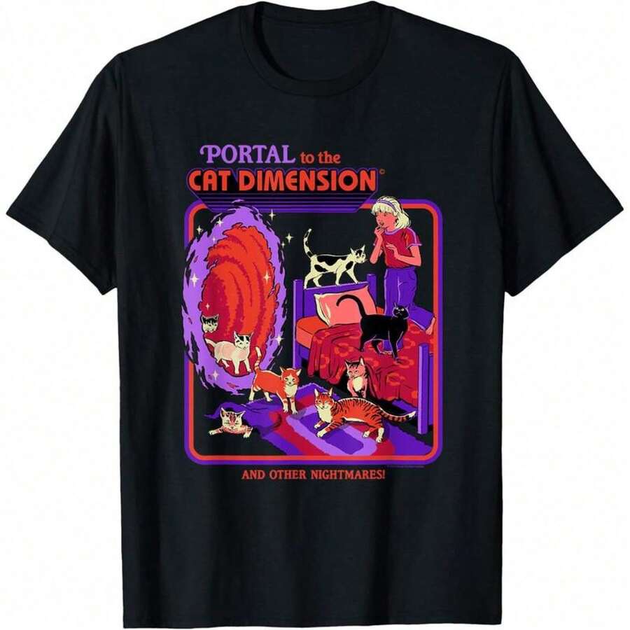 Short Sleeve Cat Dimension Portal Retro Dark Humor Artist T-Shirt For Unisex
