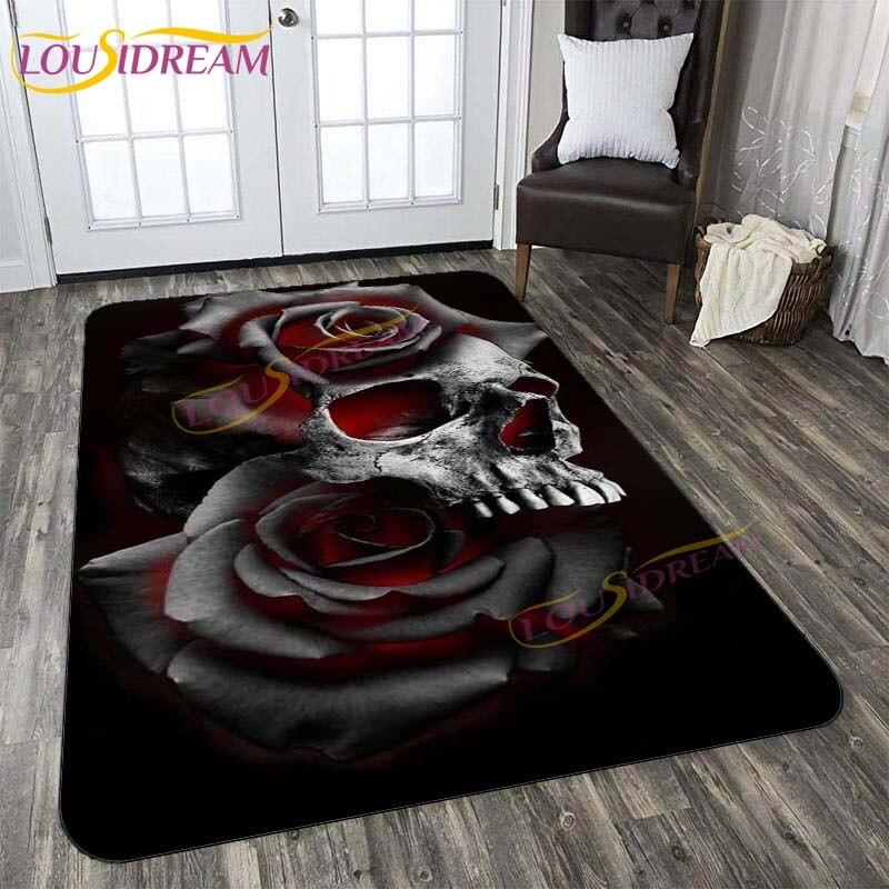 3D New Flaming Rose Floor Mat Area Rugs Rose and Skull Printed Rug and Carpets for Bedroom Home Living Room Valentine's Day Gift