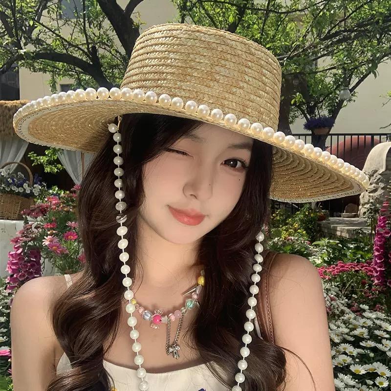 Women's Summer Sun Protection Sun Hats with Pearl Chain, Eaves Straw Fashion Straw Hats for Outdoor Travel