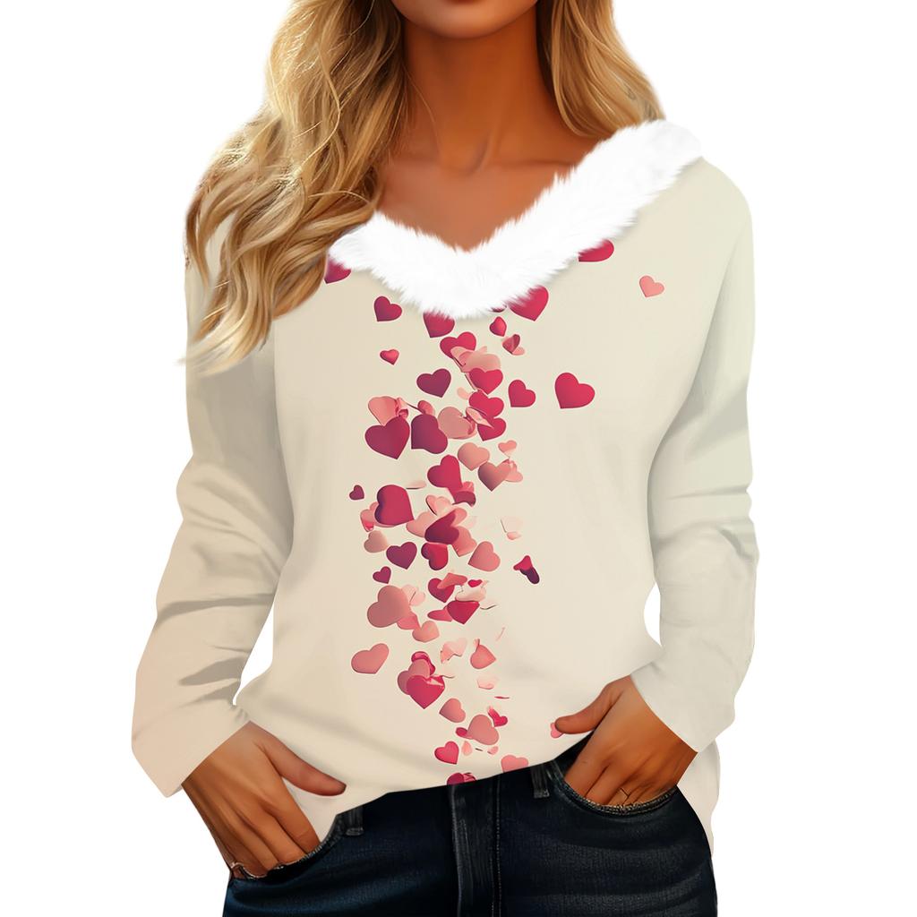 Women's Valentine's Day Printed Long-Sleeved Shirt, V-Neck, Casual Loose-Fitting T-Shirt Top