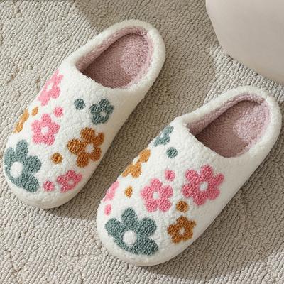 Модные женские зимние тапочки с круглым носком, с цветочным принтом, из хлопка, на теплой подкладке из искусственного меха, удобные, с мягкими стельками, нескользящие, плюшевые