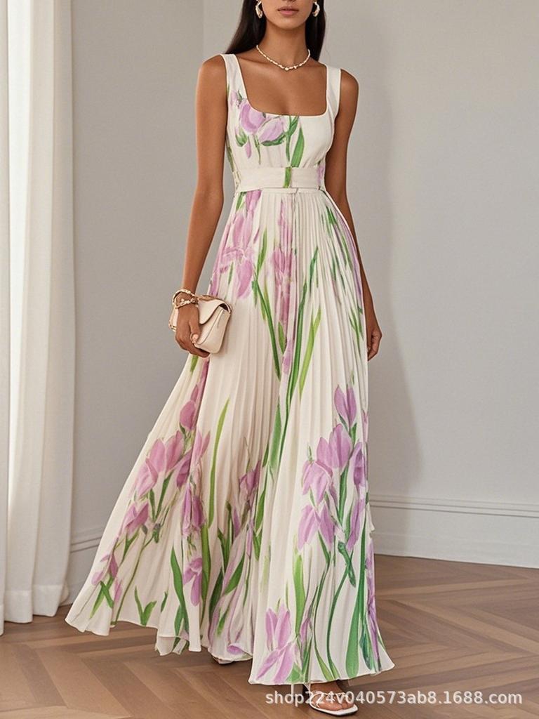 Женское платье макси с цветочным принтом и оборкой по подолу, сине-зеленый цветочный узор, элегантное длинное платье А-силуэта