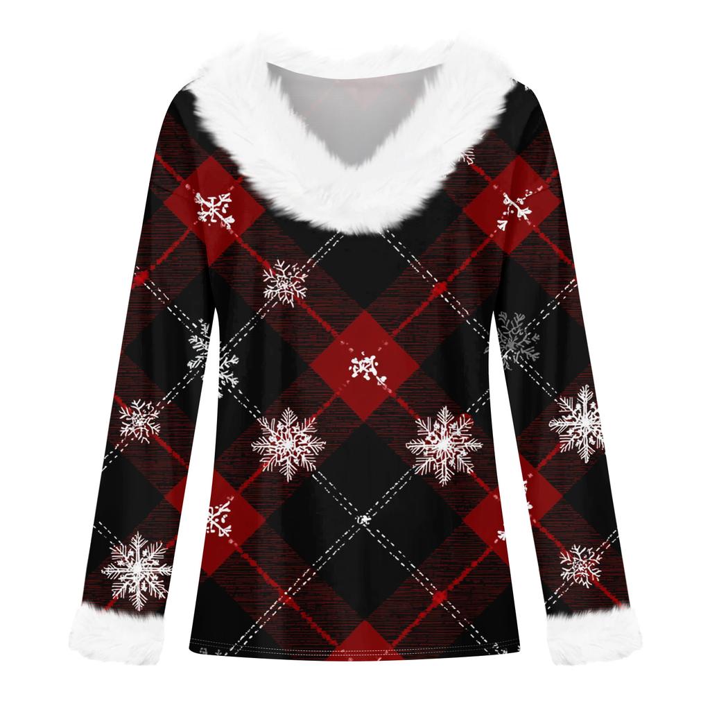 Women's T Shirt Tee Christmas Shirt Long Sleeve Party Christmas Print Fleece Collar V Neck Top
