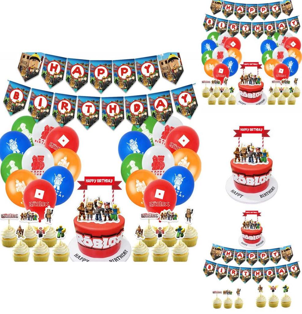 Набор принадлежностей для дня рождения в стиле Roblox, включающий яркий баннер, воздушные шары и топперы для торта для детей