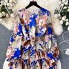Новое осеннее элегантное женское платье с круглым вырезом и принтом в стиле пэчворк, складками и оборками, с длинными рукавами и высокой талией