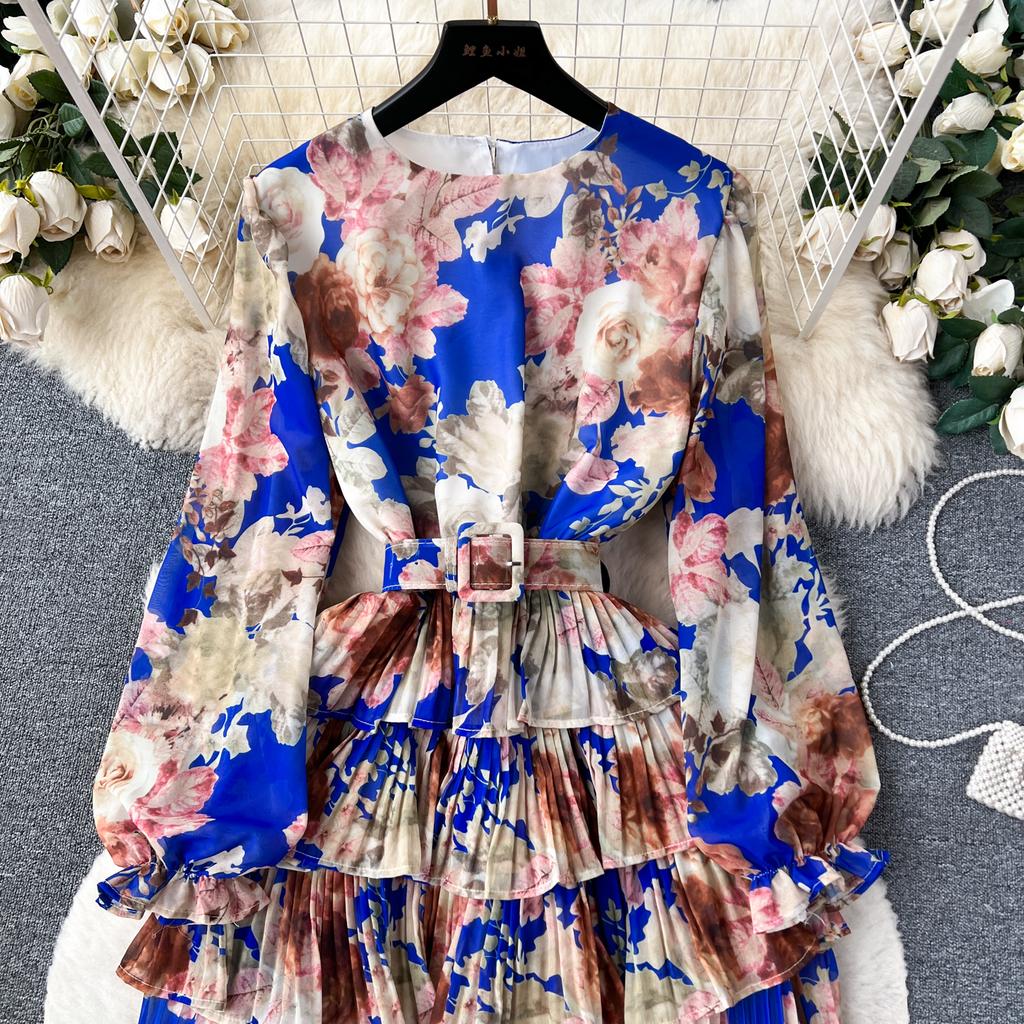 Новое осеннее элегантное женское платье с круглым вырезом и принтом в стиле пэчворк, складками и оборками, с длинными рукавами и высокой талией