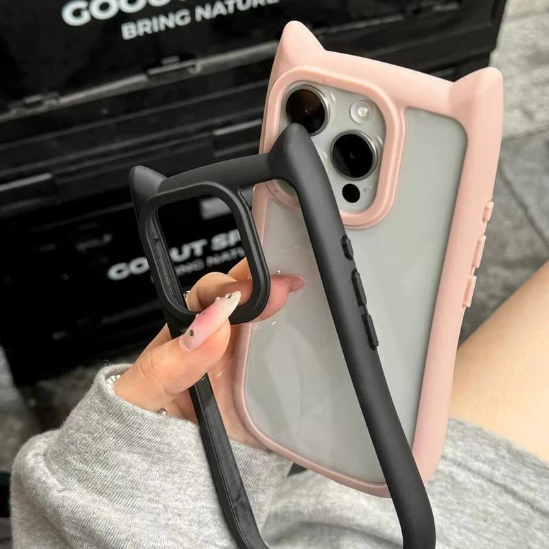 Милый Прозрачный Чехол с Ушками Кошки Для iPhone 17Air 12 13 14 15 Pro Max 11 16 Ударопрочный Акриловая Задняя Крышка Силиконовый Кавайный Funda