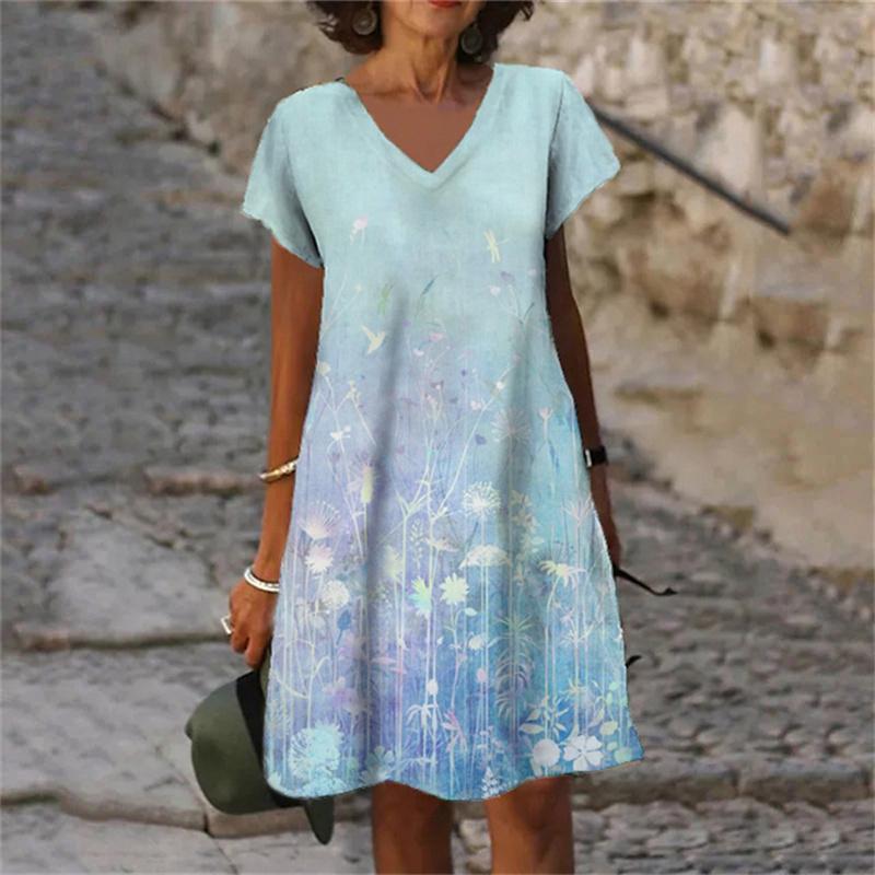Растения Цветы Тай-дай Градиентный Принт Женское Платье Повседневное V-образный вырез Короткий рукав A-силуэт Платья Лето 2023 Новая Одежда Оверсайз