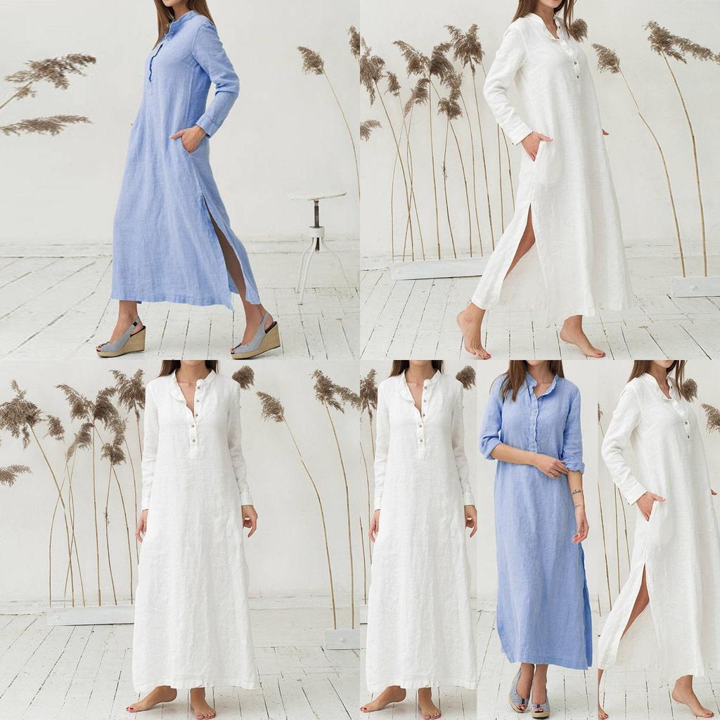 Luxurious Women's Kaftan Cotton Long Sleeve Plain Casual Oversized Maxi Shirt Dress