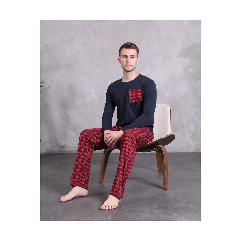 Мужской пижамный комплект с принтом в клетку, с длинным рукавом, с карманами, сезонный 100% хлопок, комплект для приданого, мягкий