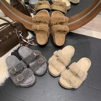 Маффин толстая подошва одним словом пушистые тапочки женские 2025 осень и зима новые интернет-знаменитость фея ветер утолщенный плюшевый полусапог