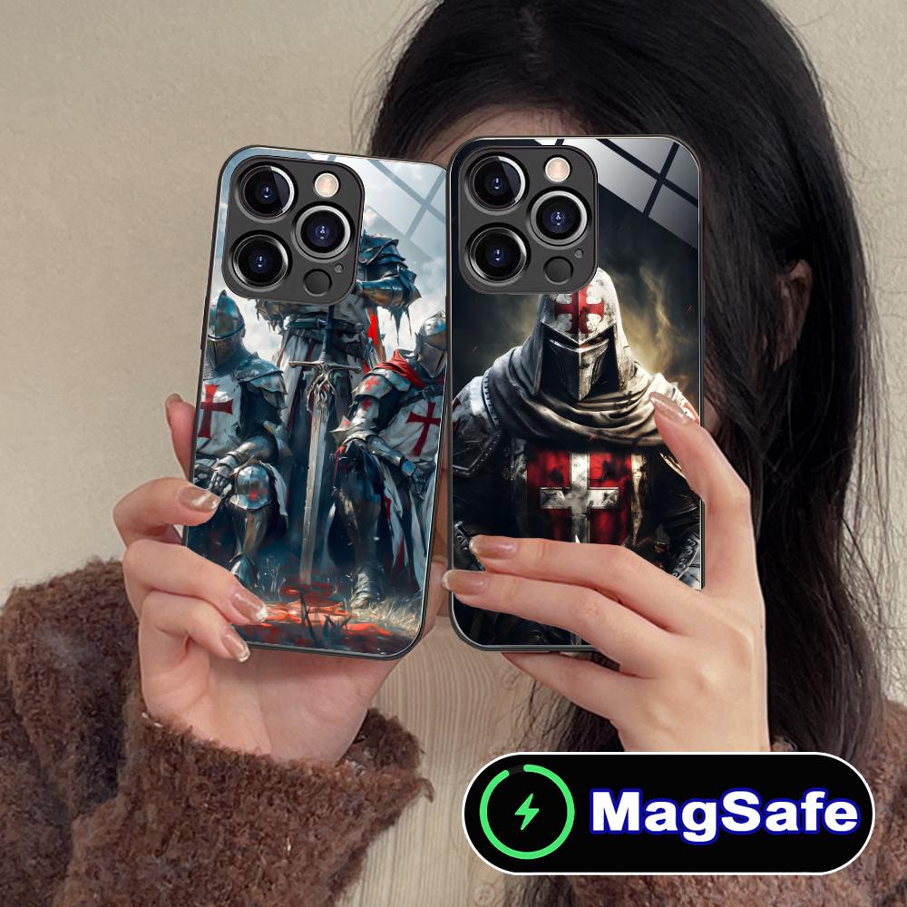 Чехол для мобильного телефона Рыцари-тамплиеры для iPhone 16 15 14 13 12 11 Pro Max Plus Mini MagSafe Стеклянный Цветной Защитный Чехол Люкс