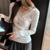 Spring Autumn V-neck Lace Patchwork Solid Bottomed T-shirt Women Long Sleeve Slim All-match Casual Tee Pullover Top