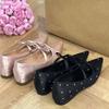 Pointed Inner Heightening Mary Jane Shoes Women's Rhinestone Satin Shoes Thick Heel Ballet Shoes