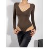 Double Deep V-Neck Long Sleeve T-Shirt Bust Onesie High Waist Skinny Sexy Jumpsuit Bottom Top