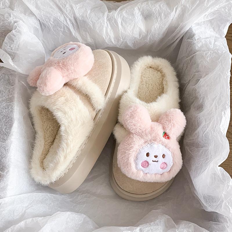 Женские милые мультяшные плюшевые тапочки - Теплые термо хлопковые домашние тапочки на платформе для зимы, Девичьи милые пушистые повседневные комнатные туфли на толстой подошве