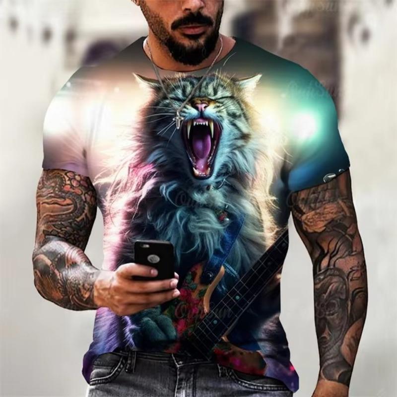 Trend Rock Guitar Cat Graphics T Shirts Summer Fashion Short Sleeve Cool 3D Animals Printed Mens T-shirts Casual Streetwear Tees